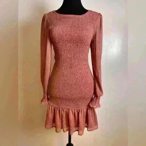 Storia Women's Shift Dress Smocked Pink Floral Long Sheer Sleeve S